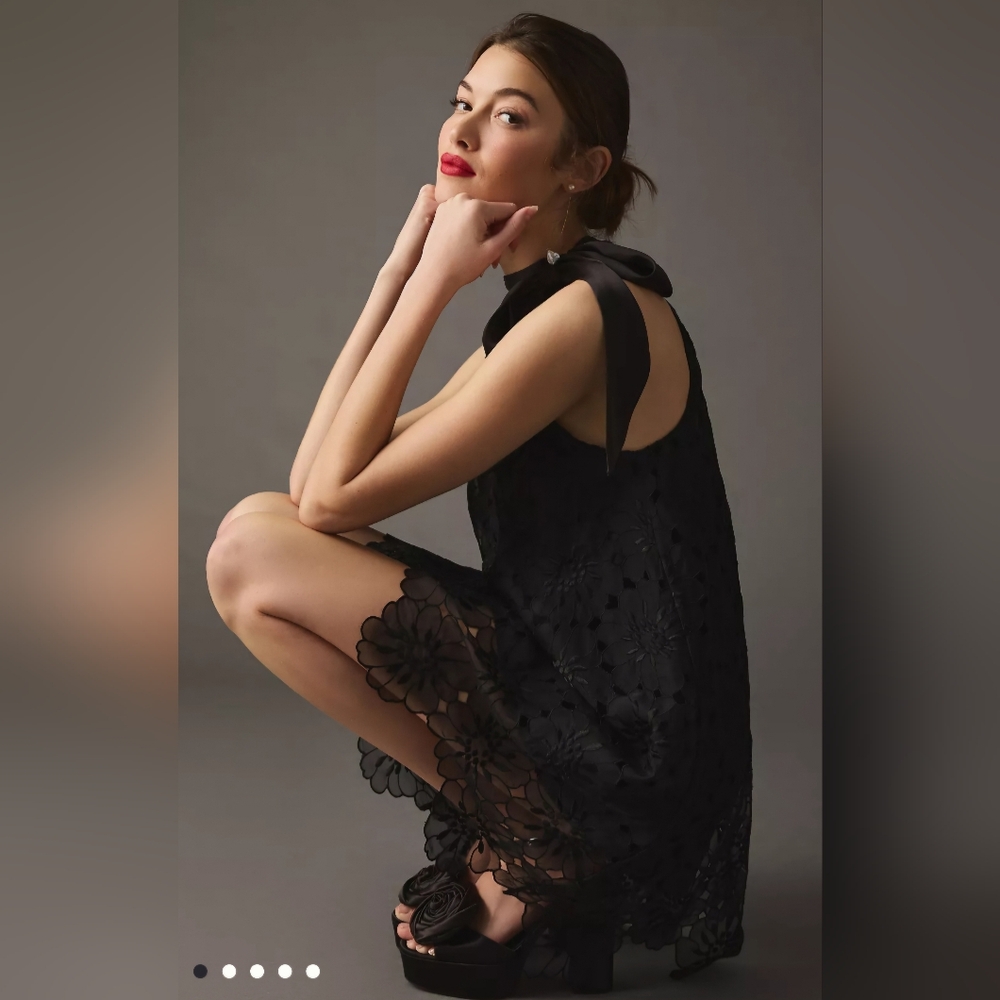 Anthropologie Maeve Black Bow Halter Lace Dress